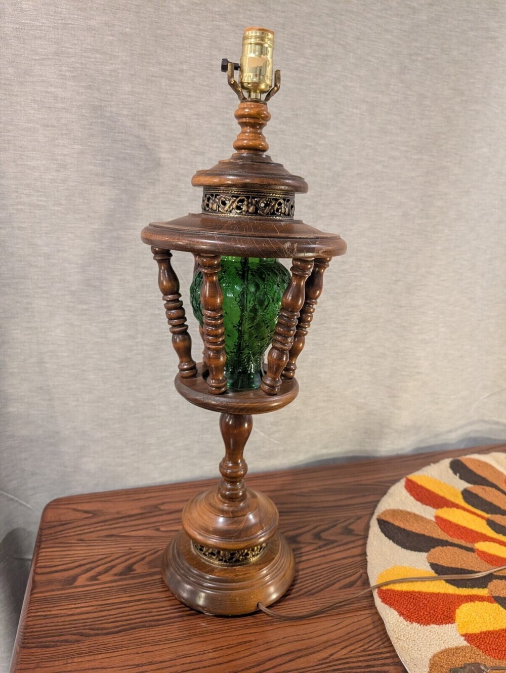 Vintage Spanish Revival Green Glass & Turned Wood Table Lamp 26"